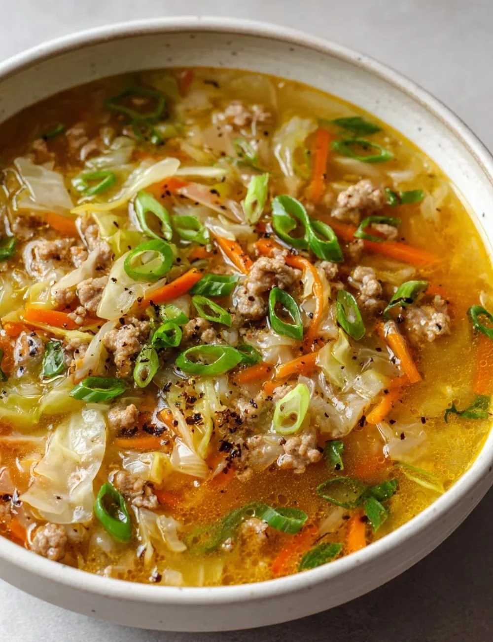 Bowl of delicious one pot beef egg roll soup garnished with green onions