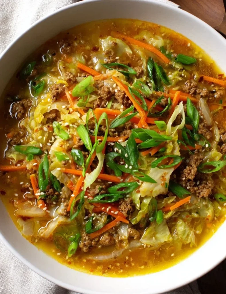One Pot Beef Egg Roll Soup garnished with green onions in a bowl