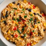 One Pot Cheesy Southwest Chicken Rice served with fresh toppings