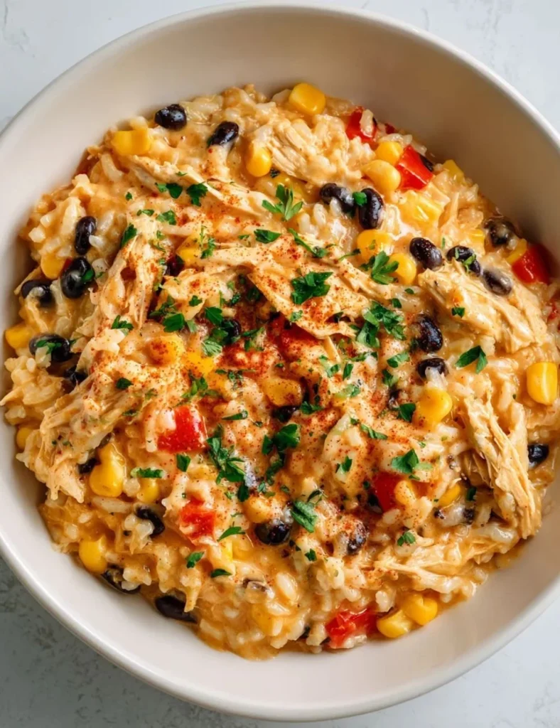 One Pot Cheesy Southwest Chicken Rice served with fresh toppings