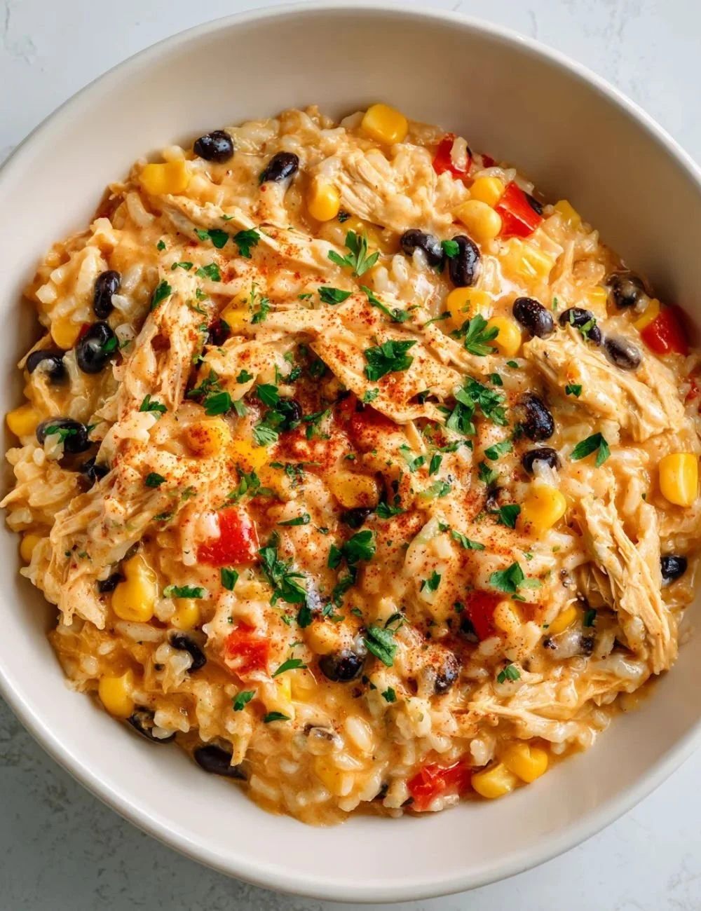 One Pot Cheesy Southwest Chicken Rice served with fresh toppings