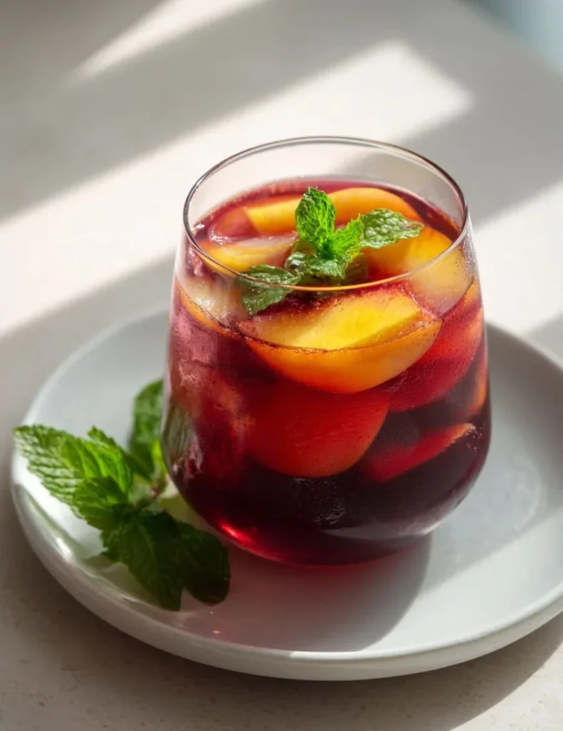 A vibrant cup of Peach Hibiscus Sunset Tea, showcasing its colorful infusion.