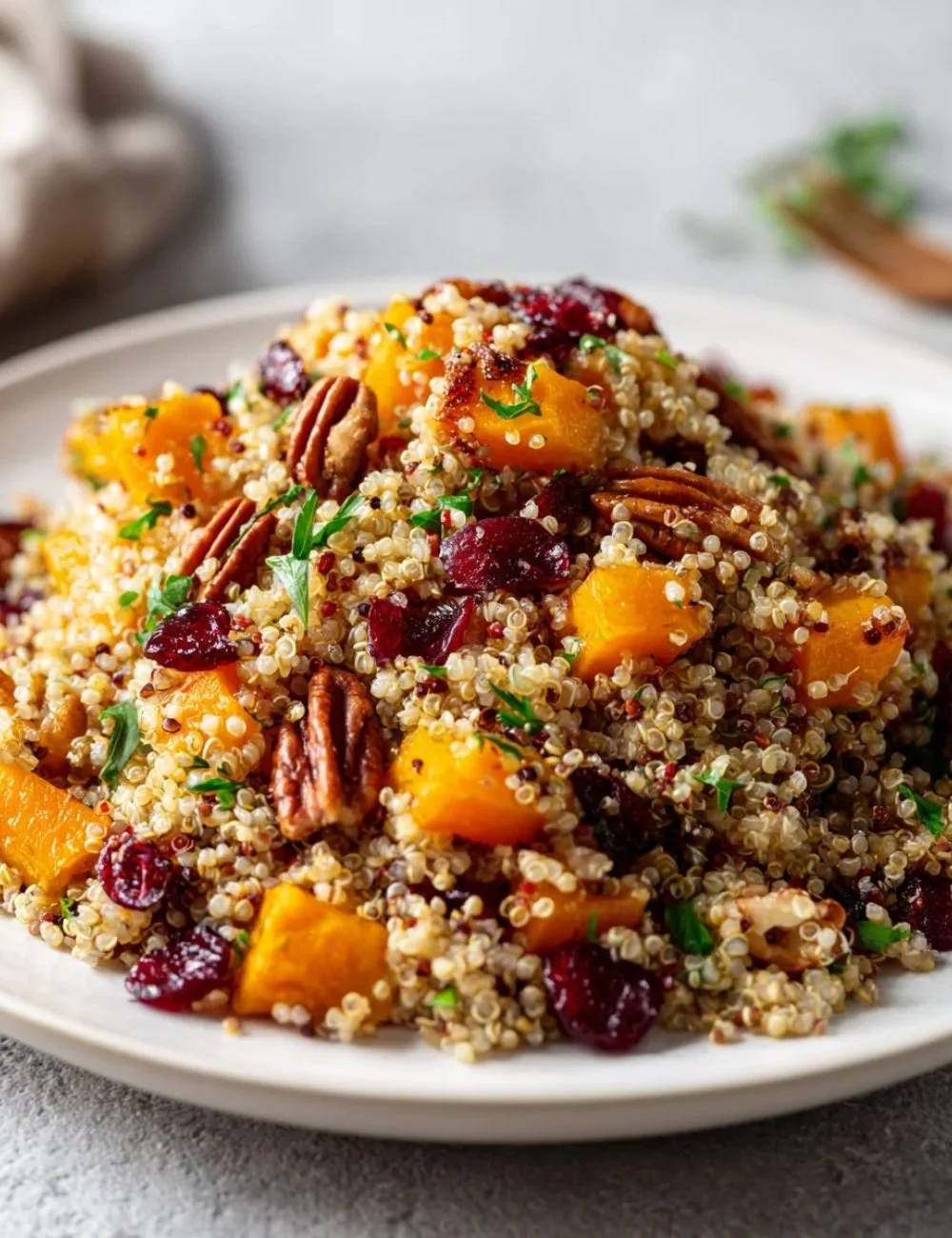 Delicious quinoa salad featuring roasted squash and cranberries for a healthy meal