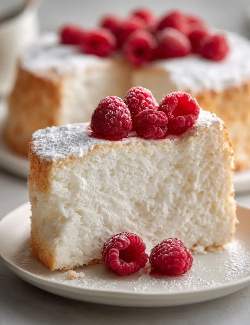 Delicious Raspberry Angel Food Cake topped with fresh raspberries and whipped cream.