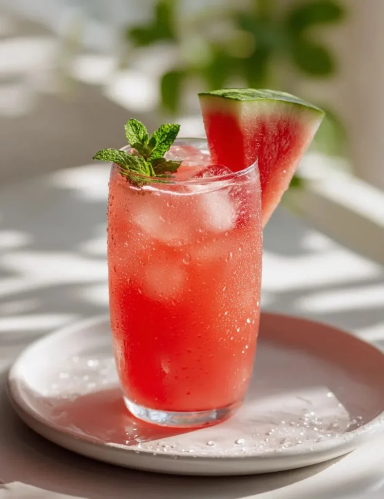 Refreshing watermelon mint spritzer garnished with mint leaves and watermelon slices