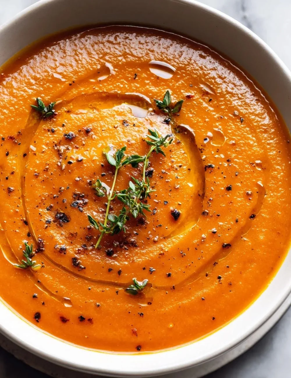 A bowl of roasted Italian sweet potato soup garnished with herbs and spices.