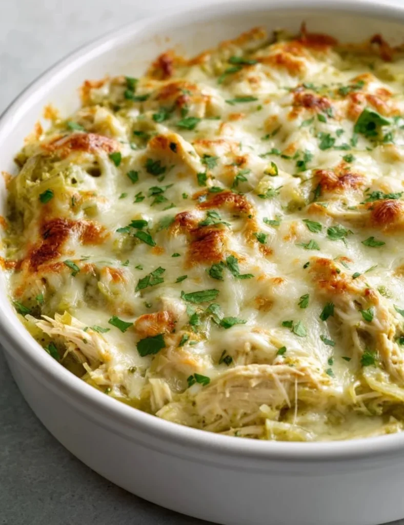 Salsa Verde Chicken Casserole topped with cheese and garnished with cilantro