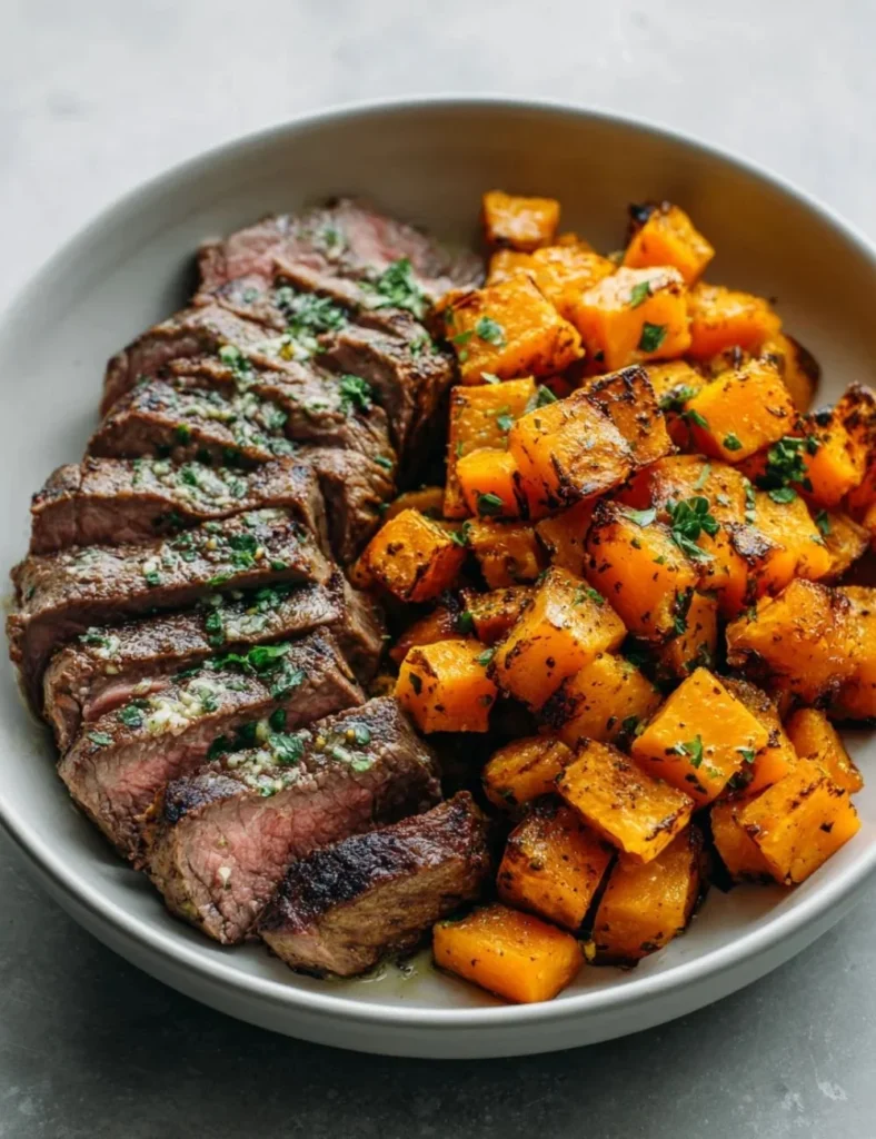 Savory butternut squash garlic herb steak bowls garnished with fresh herbs