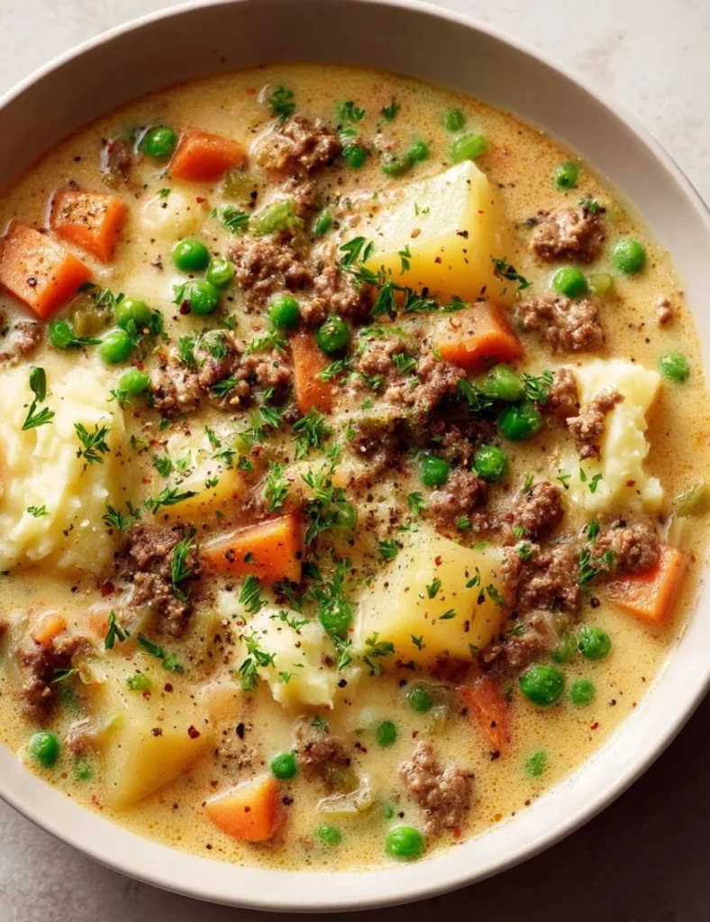 Bowl of Shepherd's Pie Soup topped with fresh herbs and served with bread
