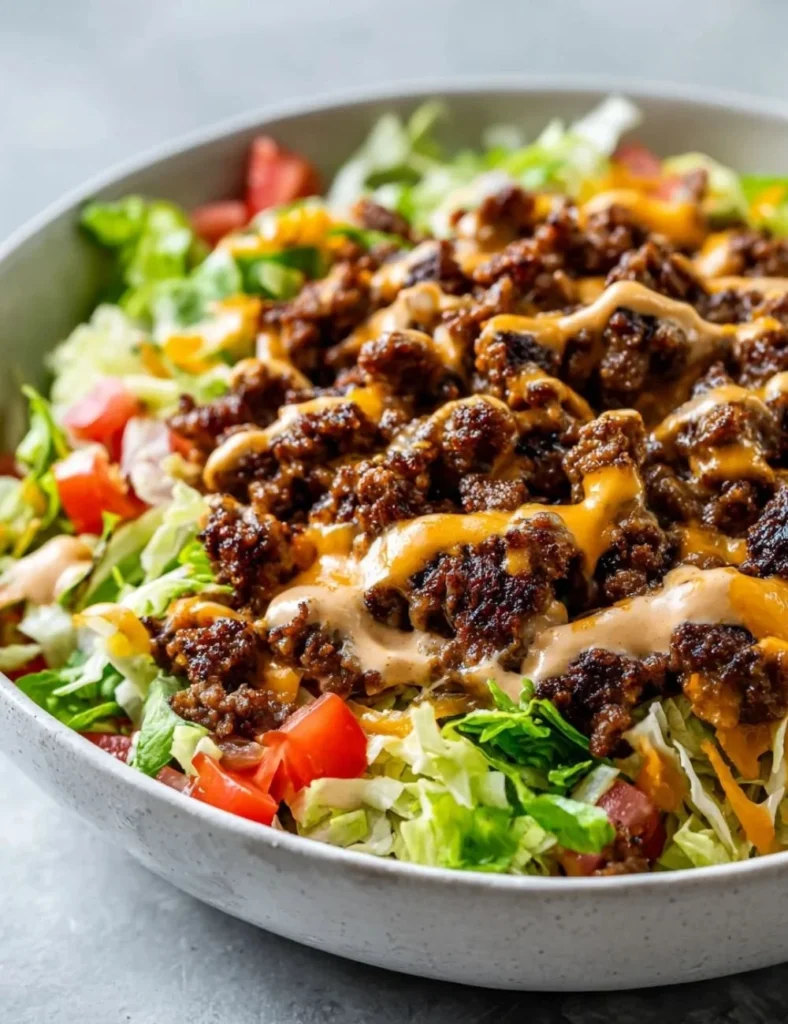 A delicious Smash Burger Bowl with fresh toppings and a juicy burger patty
