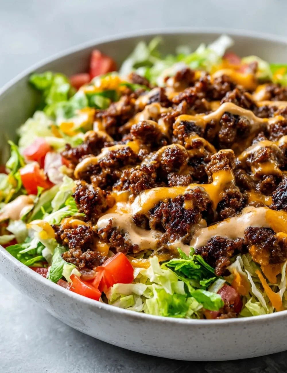 A delicious Smash Burger Bowl with fresh toppings and a juicy burger patty