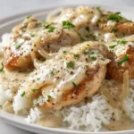 Delicious plate of smothered chicken served with rice and gravy.