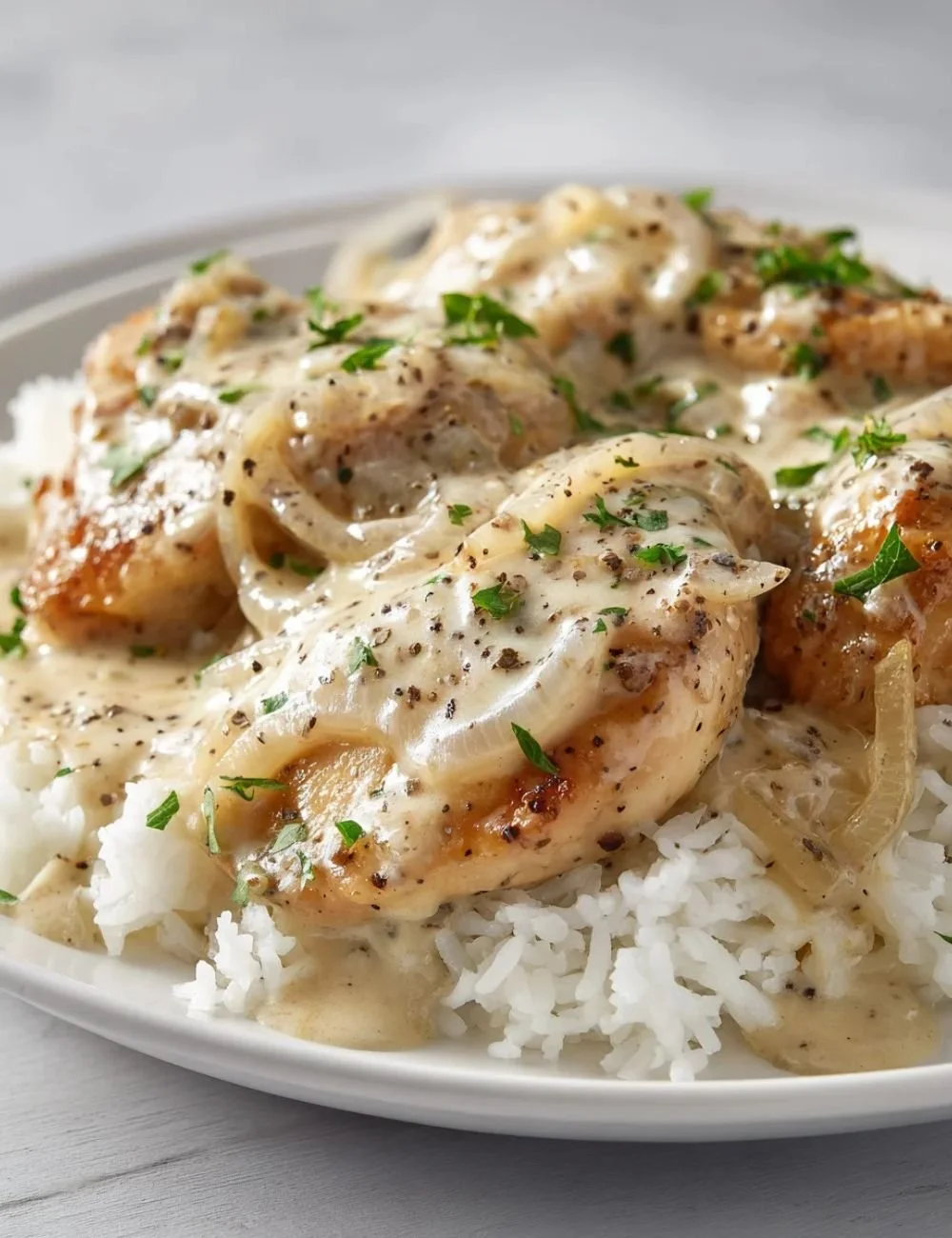 Delicious plate of smothered chicken served with rice and gravy.