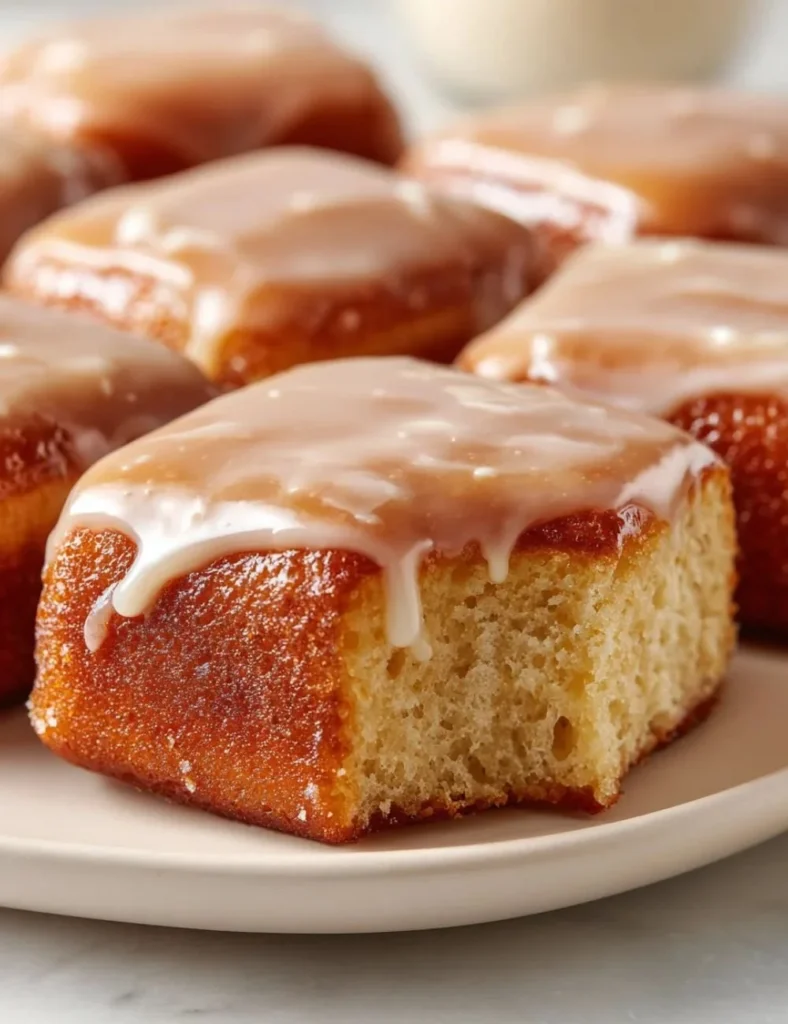Soft baked maple donut bars with a glaze and sprinkles on a plate.