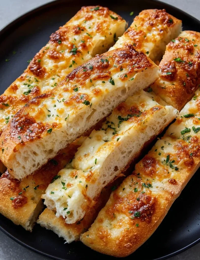Delicious sourdough cheesy breadsticks fresh out of the oven