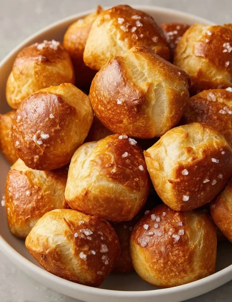 Freshly baked sourdough pretzel bites served with mustard dipping sauce