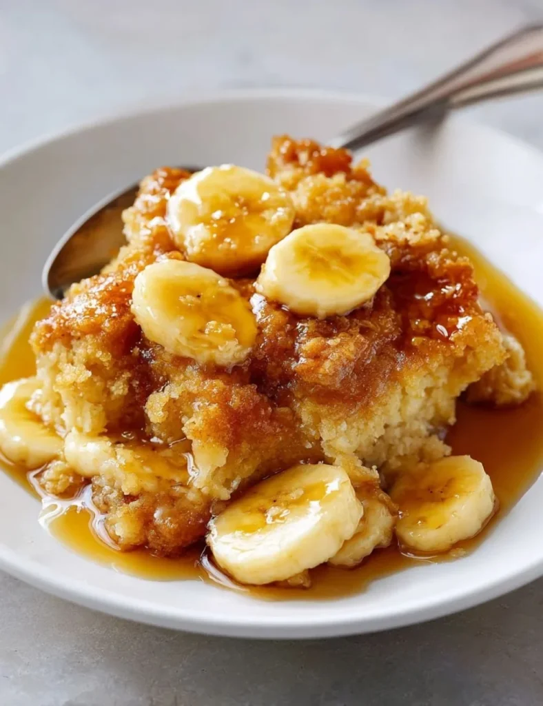 Southern banana cobbler topped with whipped cream