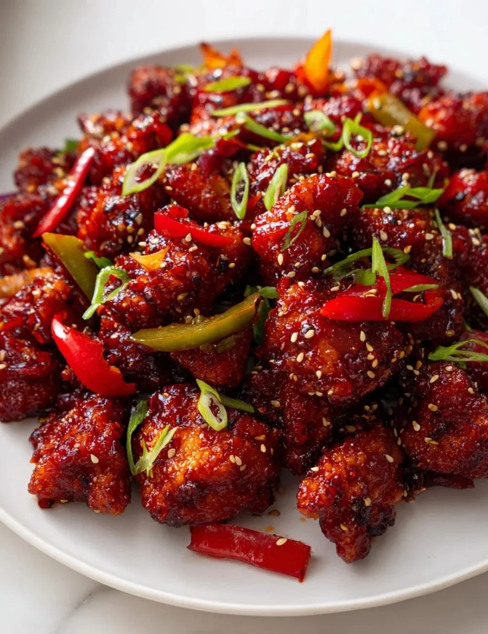 Plate of Spicy Dragon Chicken with vibrant vegetables and spicy sauce