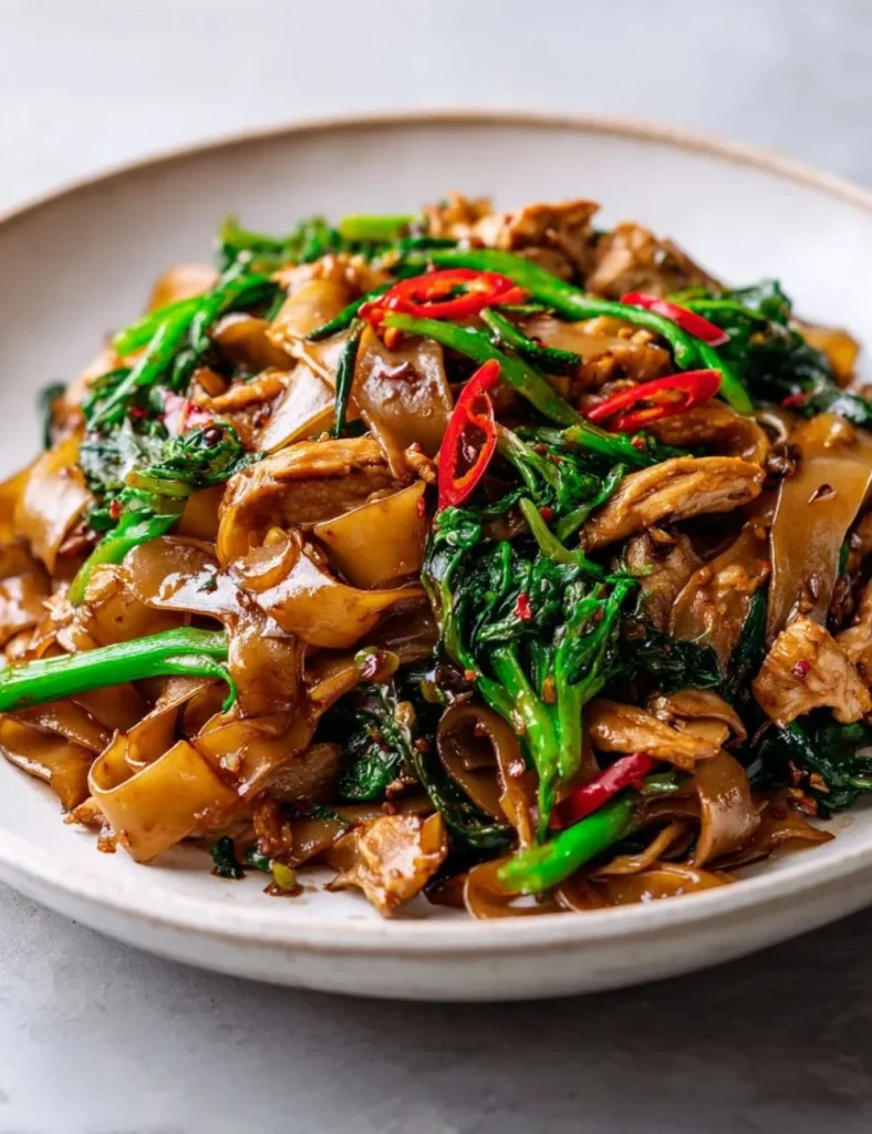 Spicy Garlic Chicken Broccoli Noodle Bowls with fresh vegetables and herbs