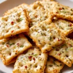A tasty serving of Spicy Pickle Ranch Crackers on a wooden platter.