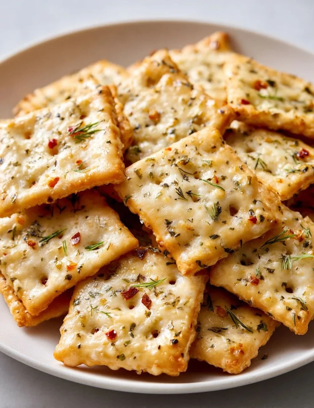 A tasty serving of Spicy Pickle Ranch Crackers on a wooden platter.