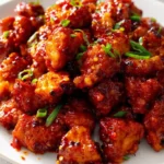 Delicious spicy sweet chicken devil dish served with vibrant vegetables.