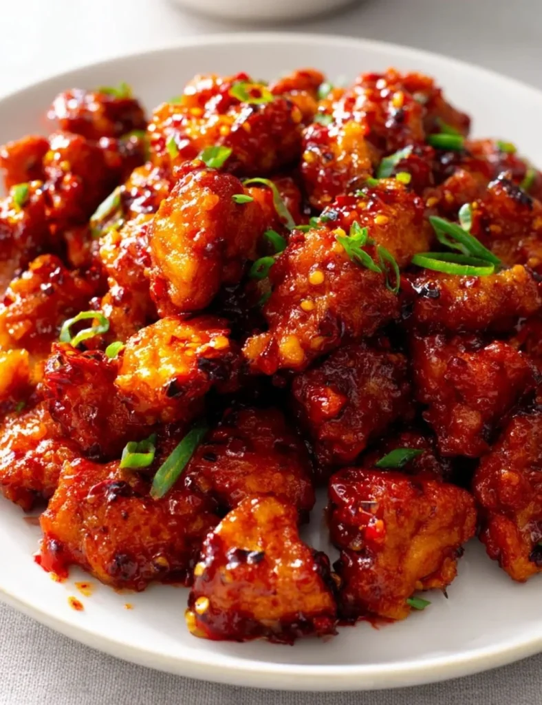 Delicious spicy sweet chicken devil dish served with vibrant vegetables.