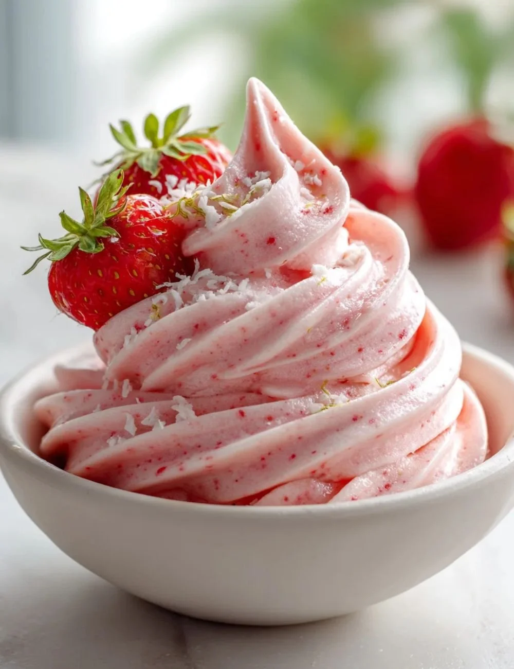 Refreshing Strawberry Dole Whip dessert on a sunny day.