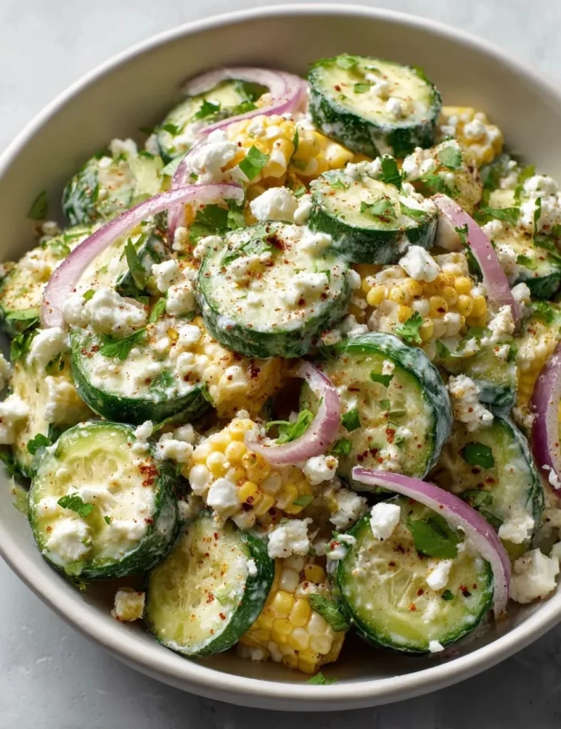 Delicious Street Corn Salad with creamy cucumbers and vibrant ingredients.