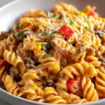 Delicious Taco Pasta Salad topped with fresh vegetables and taco seasoning