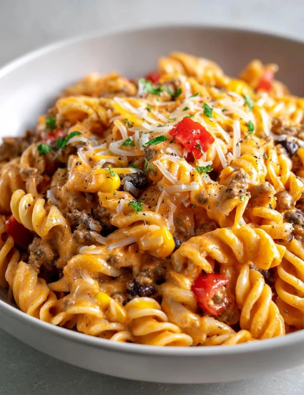 Delicious Taco Pasta Salad topped with fresh vegetables and taco seasoning