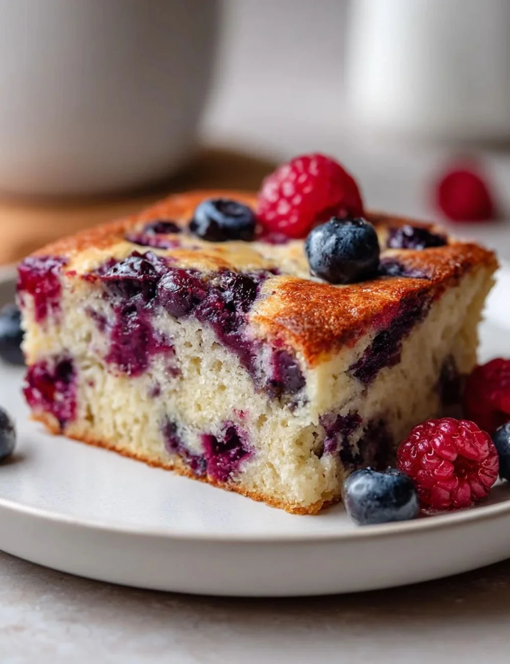 Delicious Triple Berry Protein Bake topped with fresh berries and nuts