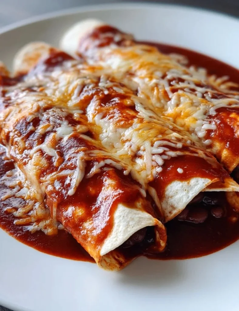 Delicious vegetarian black bean enchiladas topped with cheese and fresh toppings.