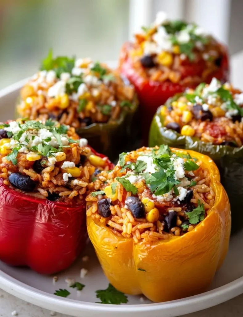 Vegetarian stuffed bell peppers filled with rice and vegetables on a plate