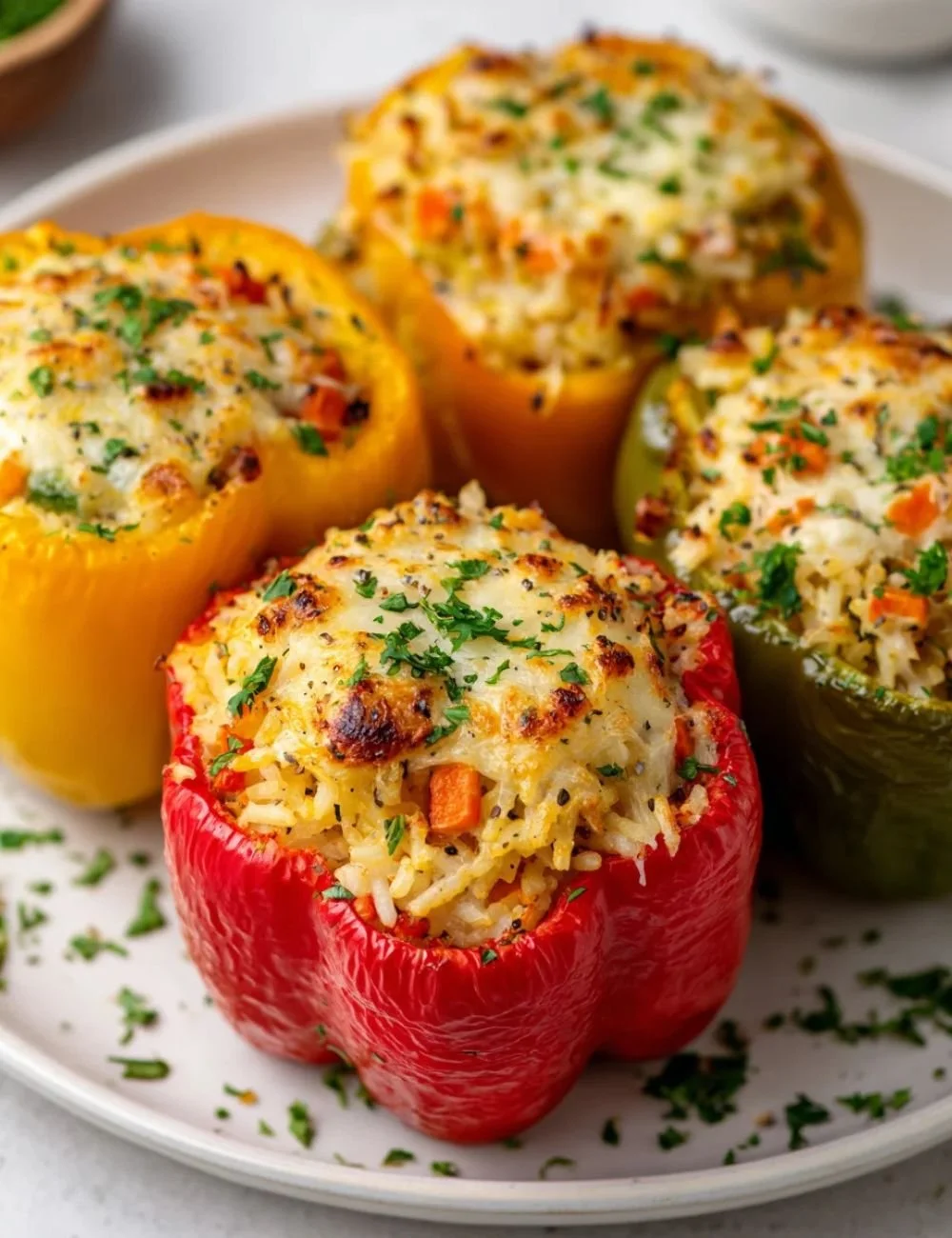 Colorful vegetarian stuffed peppers filled with rice and veggies