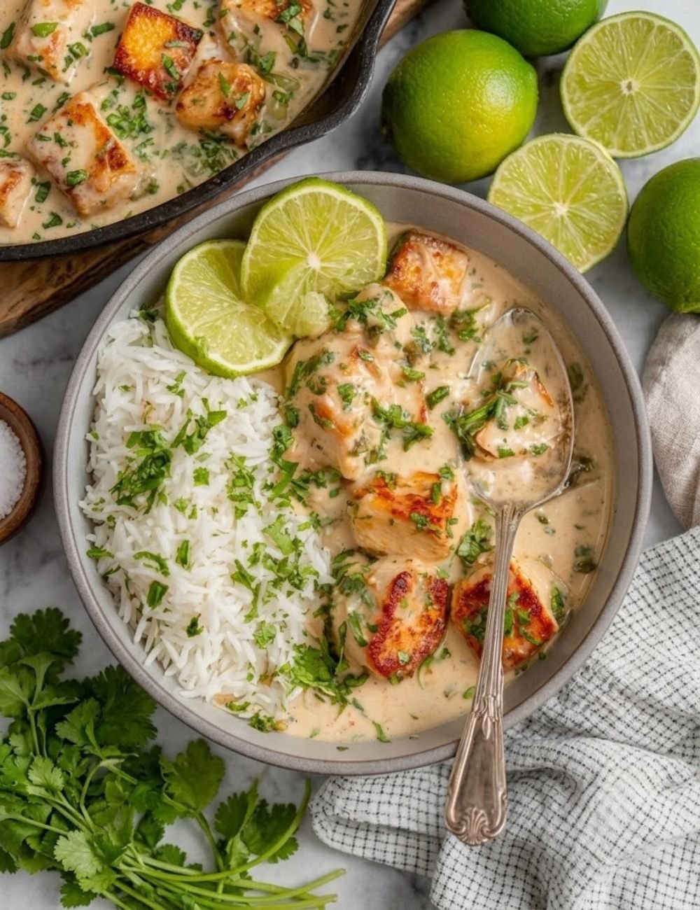 Coconut Lime Tofu dish served with fresh herbs and lime wedges
