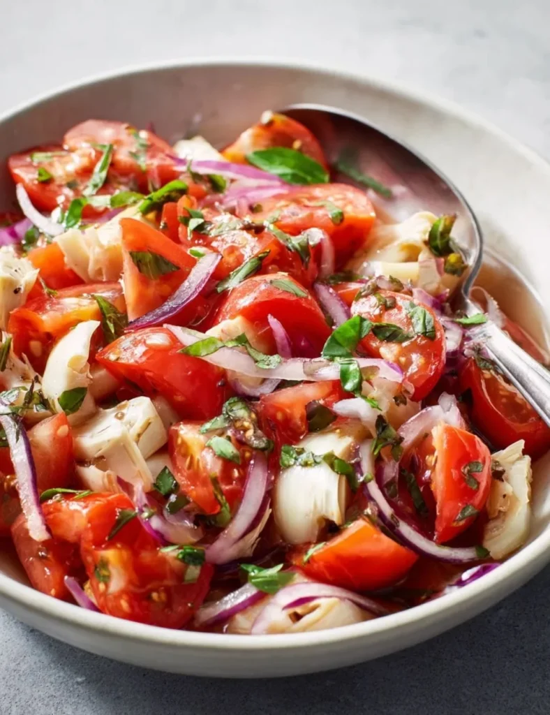 Fresh Artichoke Tomato Salad garnished with herbs
