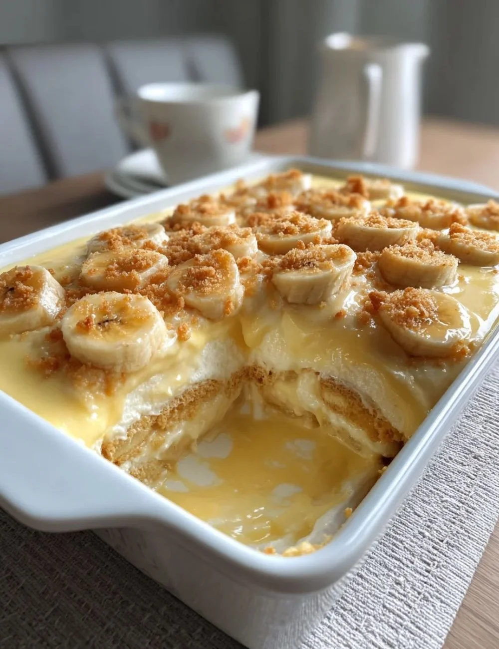 Delicious homemade Southern banana pudding with custard and fresh bananas