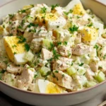 Bowl of best classic chicken salad with fresh vegetables and chicken chunks