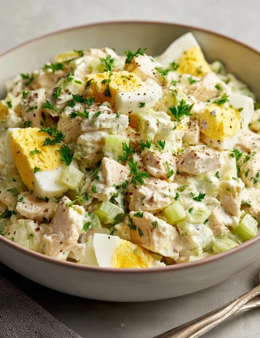 Bowl of best classic chicken salad with fresh vegetables and chicken chunks