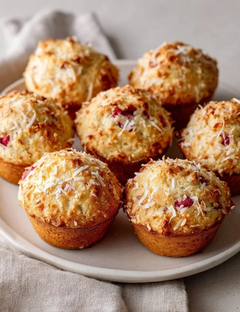 Delicious rhubarb coconut muffins fresh out of the oven