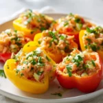 Delicious shrimp stuffed bell peppers on a plate with fresh herbs