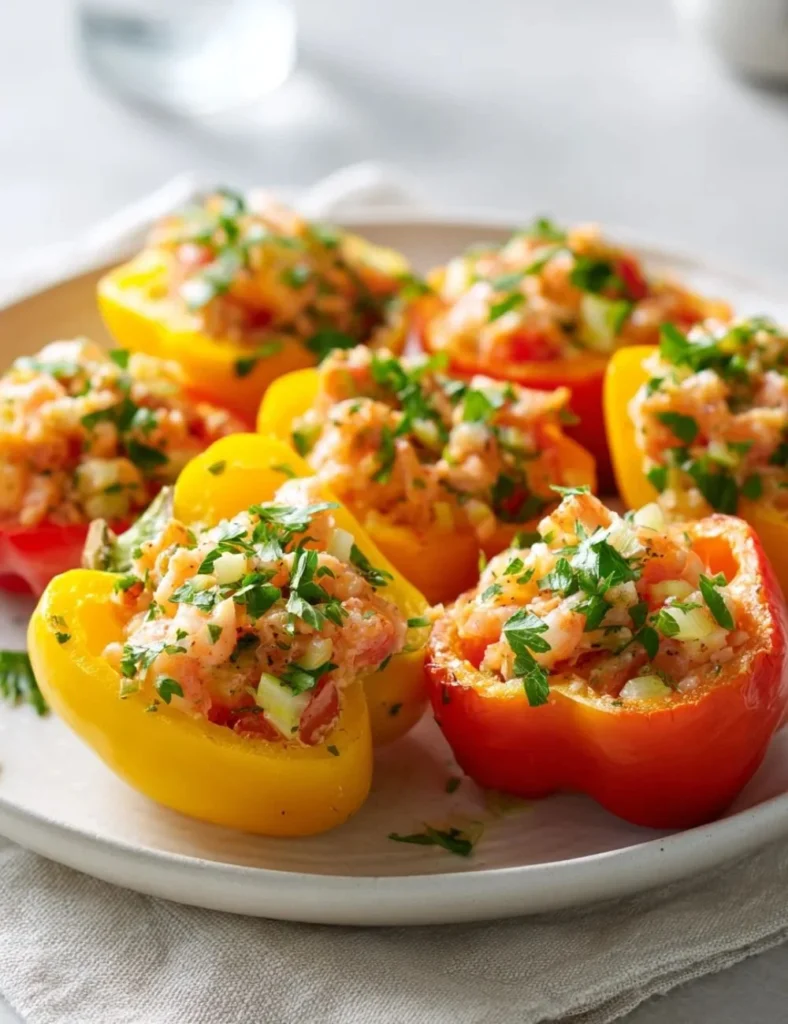 Delicious shrimp stuffed bell peppers on a plate with fresh herbs