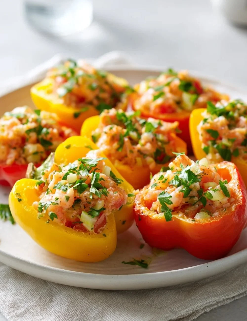 Delicious shrimp stuffed bell peppers on a plate with fresh herbs