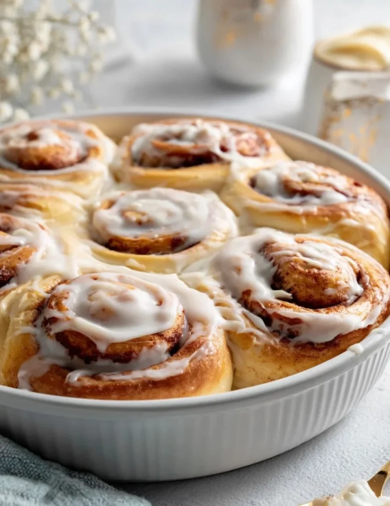 Freshly baked sourdough cinnamon rolls topped with creamy frosting.