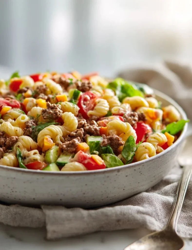 Big Mac Pasta Salad featuring cheeseburger ingredients and creamy dressing