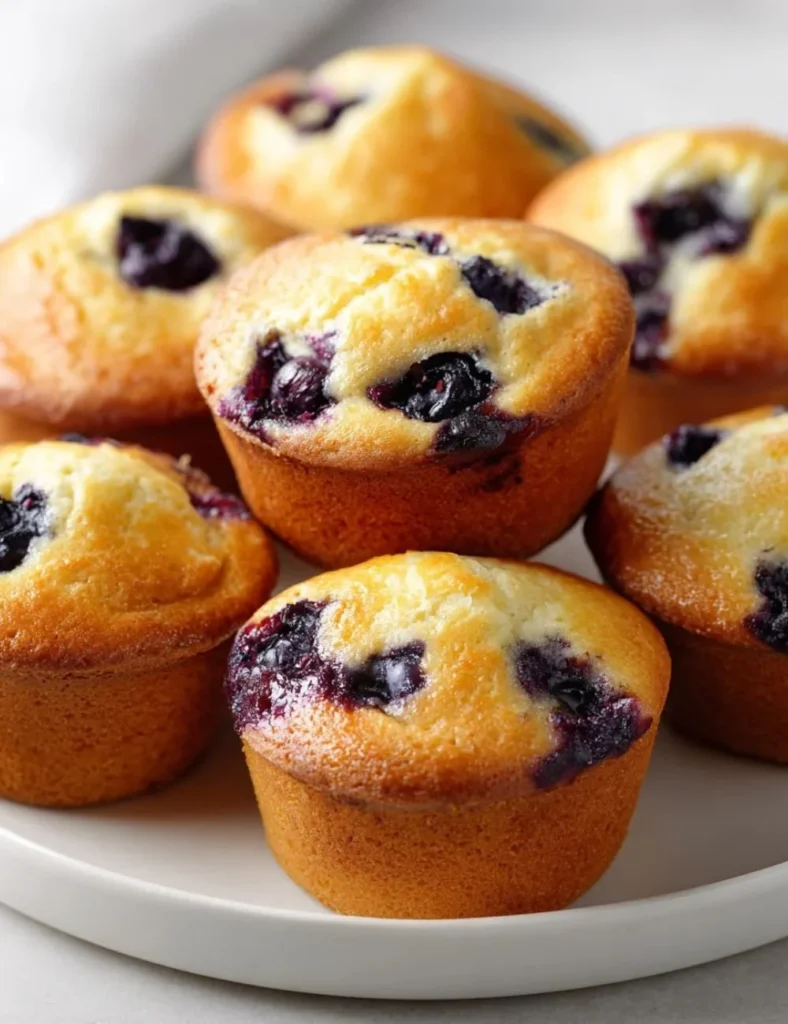 Freshly baked blueberry cottage cheese muffins on a wooden table