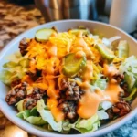 A hearty cheeseburger bowl topped with fresh ingredients and melted cheese.