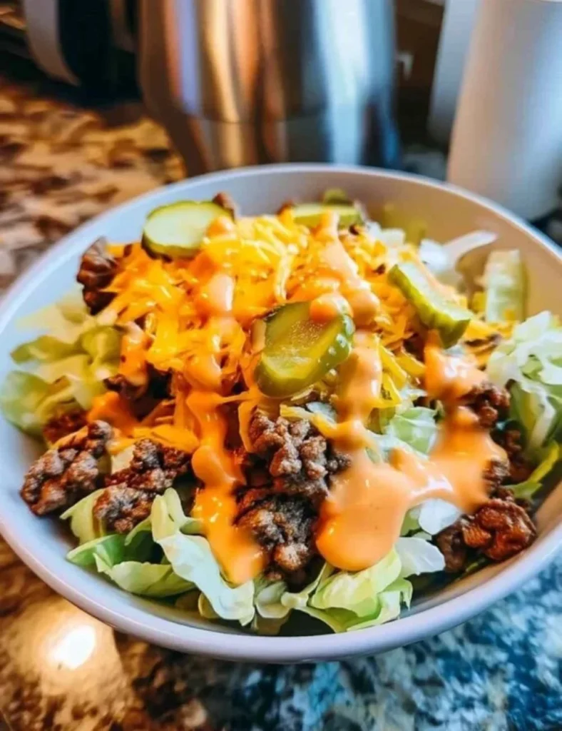 A hearty cheeseburger bowl topped with fresh ingredients and melted cheese.