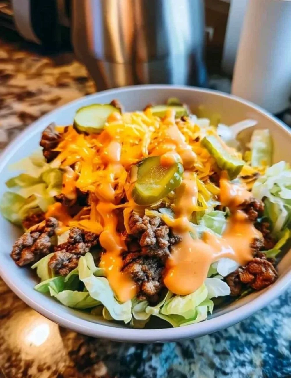 A hearty cheeseburger bowl topped with fresh ingredients and melted cheese.